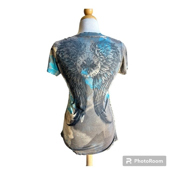 Affliction live fast watercolor series wing back short sleeve shirt top XL - Picture 3 of 6